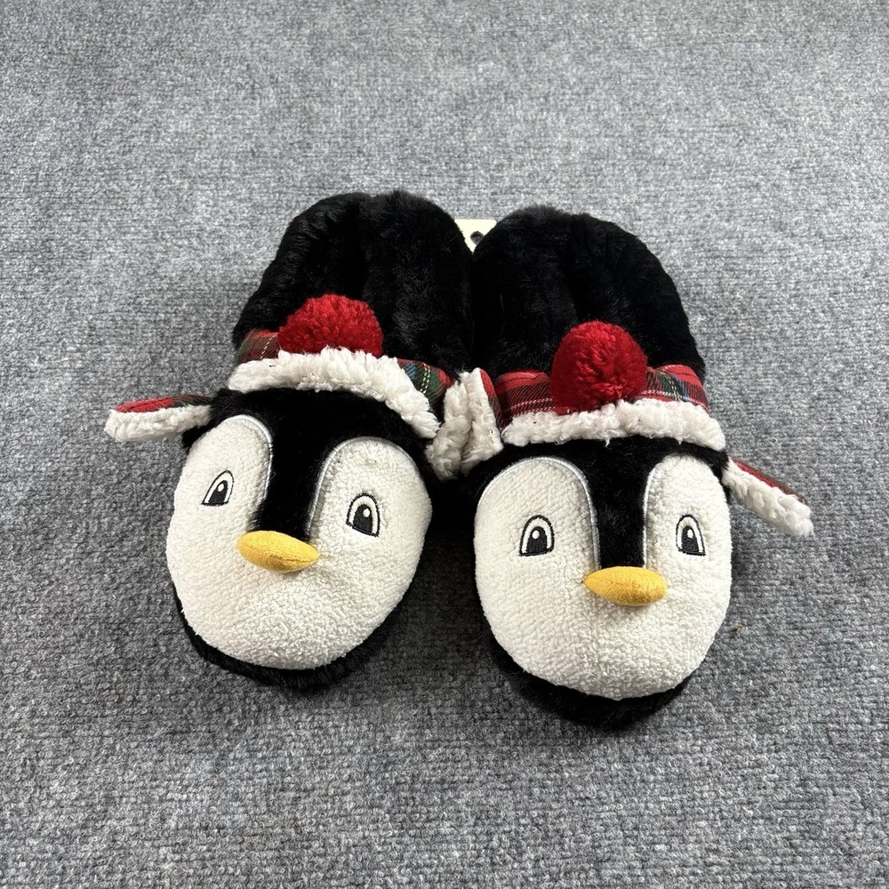 Holiday Dearfoams Penguin Slippers Womens 11-12 Men 9-10 Black Plaid Memory Foam